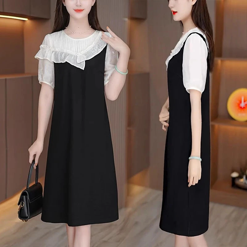 时尚减龄大码显瘦中长裙拼接气质夏季新款假两件宽松遮肚气质长裙