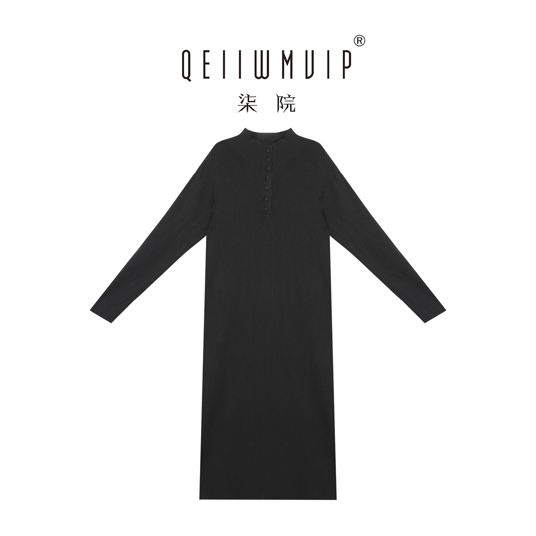QEIIWMVIP/柒院冬季秋冬高级感慵懒风直筒针织半高领连衣裙7665