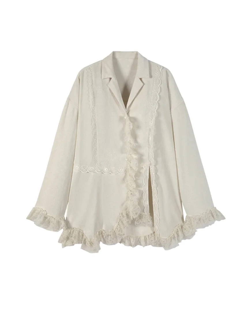 不规则设计感蕾丝拼接绒感荷叶边衬衫