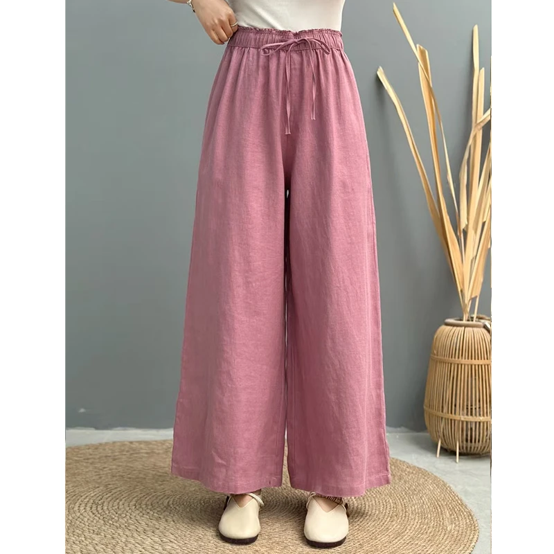 复古亚麻内里包边松紧腰系带直筒裤女新款文艺宽松百搭显瘦休闲裤