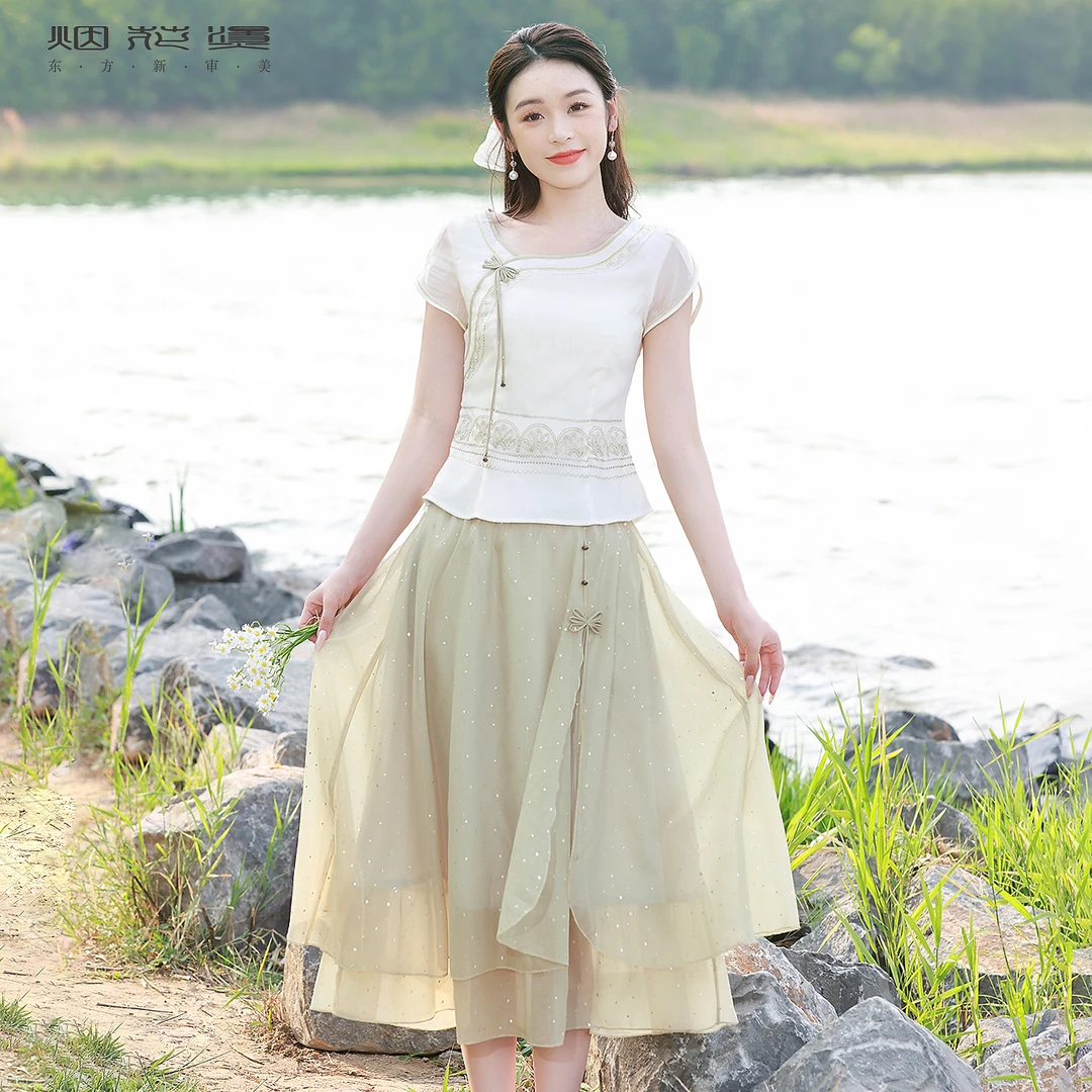 烟花烫国风新中式套装女 2025夏季新款气质衬衫半身裙 放逐逐放