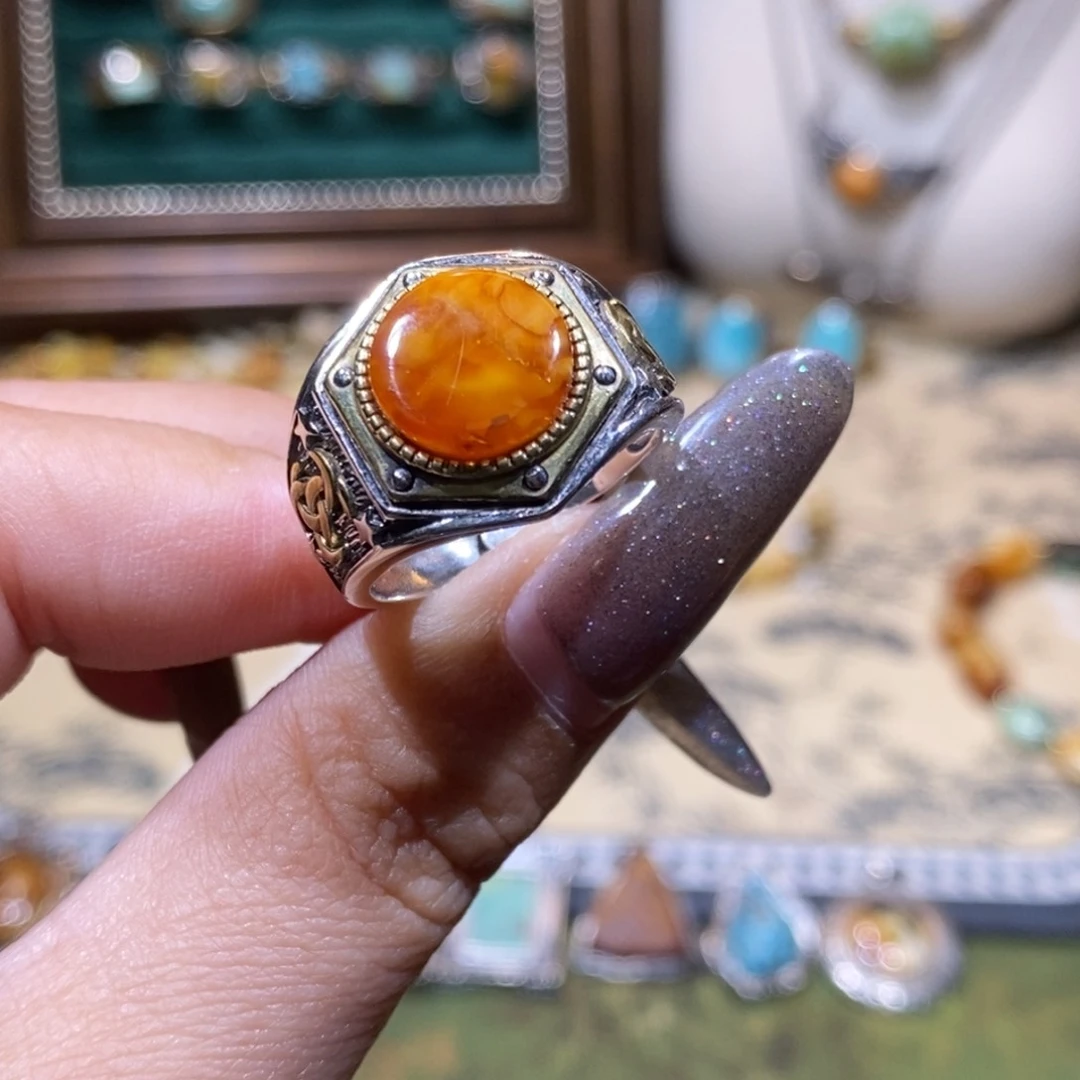 琥珀银S925镶嵌戒指戒指