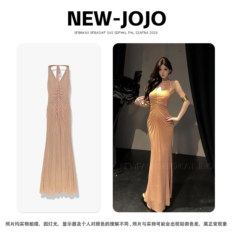 f8/F163 烫钻0710【JOJO】【星光】【155-178CM】爆闪性感挂脖褶皱长裙