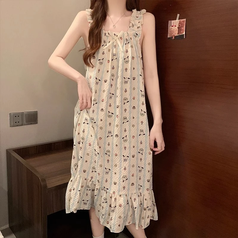 吊带睡裙女款夏季薄款皱布连衣裙夏天可爱卡通新款背心裙中长款