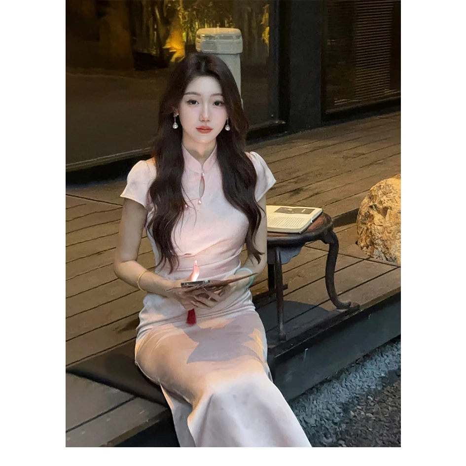 凌茜恣禾清光新中式醋酸缎面连衣裙女夏小个子蝴蝶年轻旗袍新中式