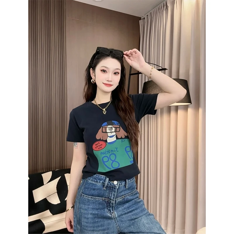 今年流行爆款印花短袖T恤女夏2025年新款小众打底设计感正肩上衣