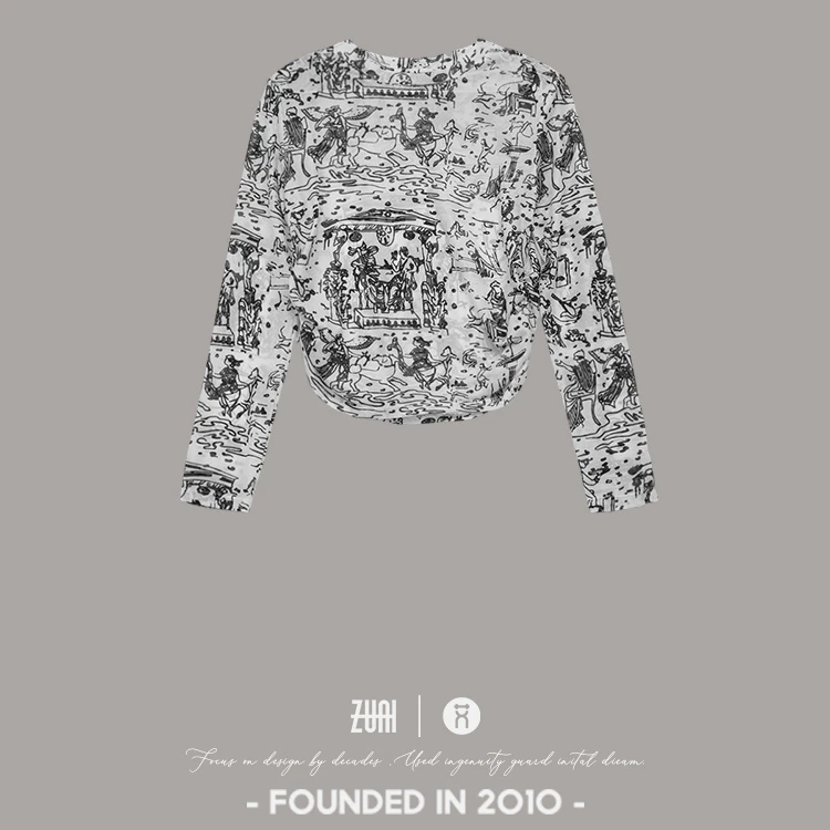 【远古文明T】弹力美式网纱上衣复古透视印花沙体T恤W23AD6070