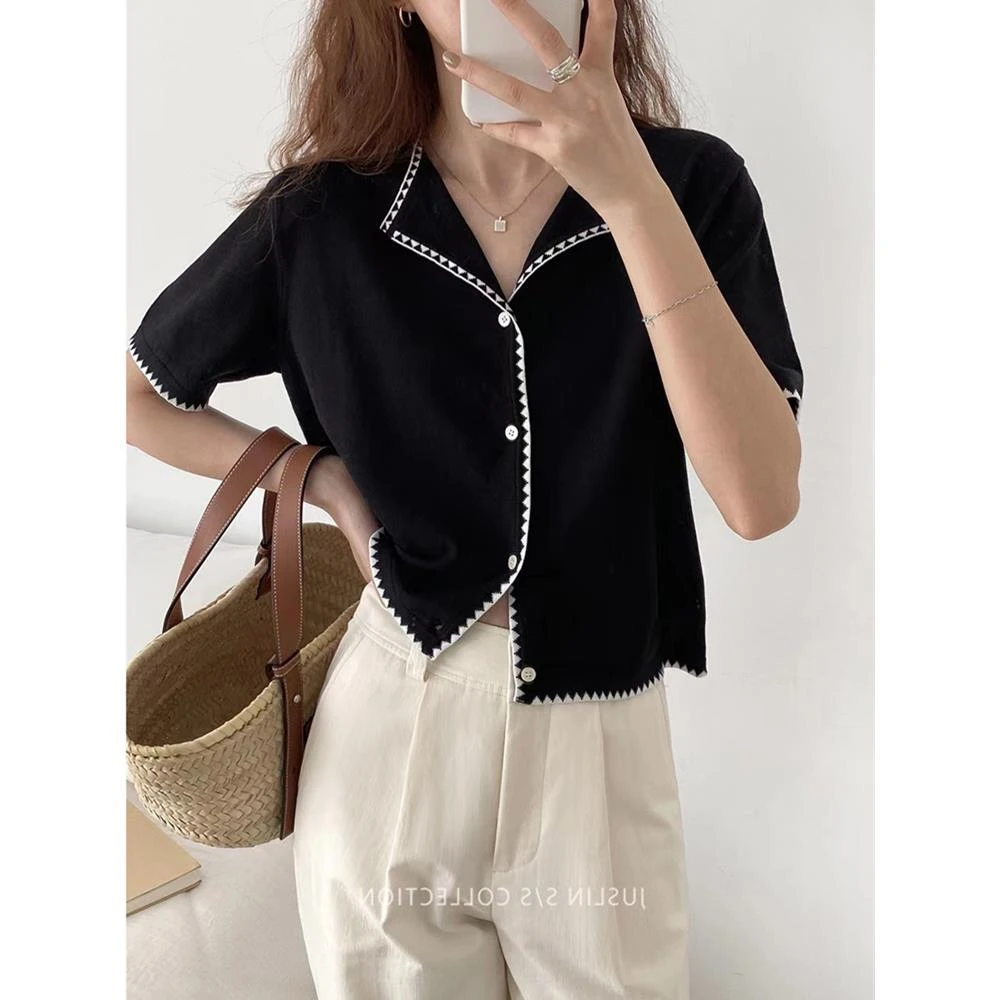 韩系polo领黑色小香风短袖开衫女夏季短款冰丝v领针织衫上衣薄款