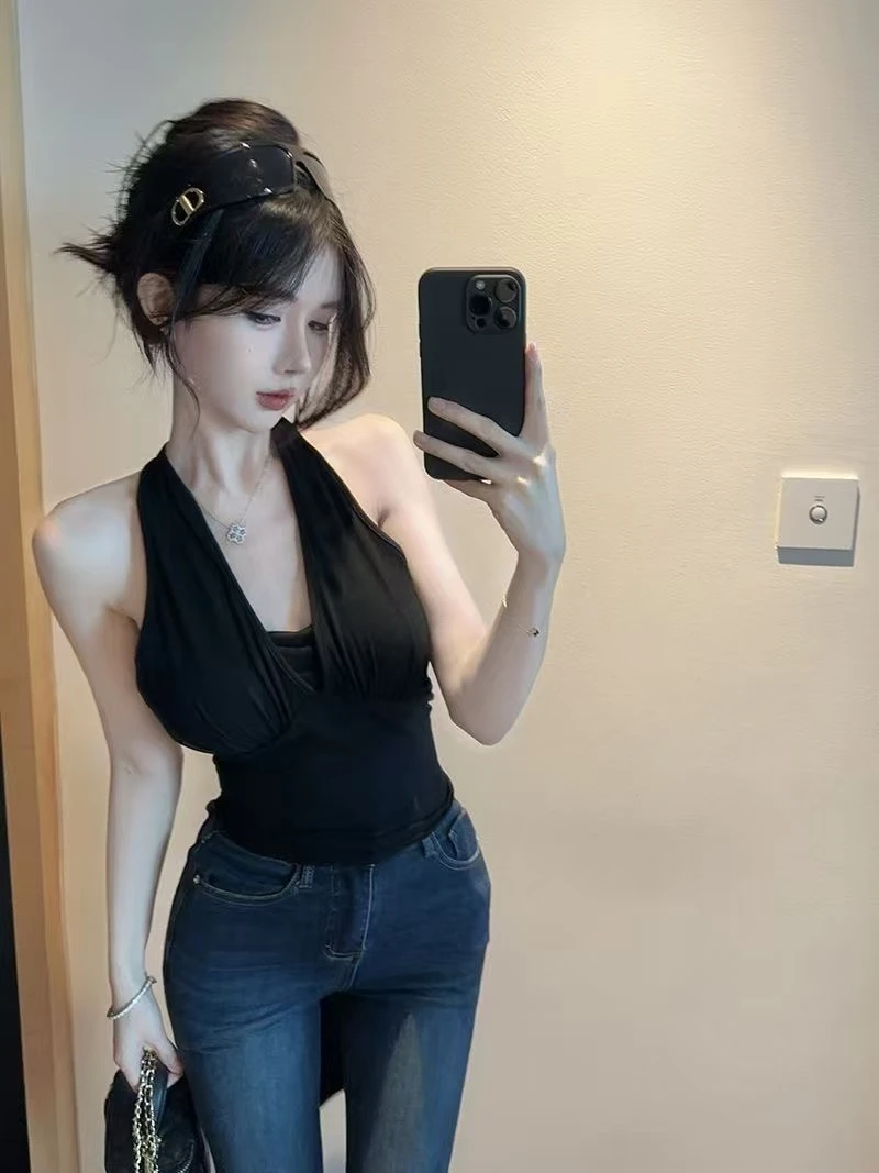 新款黑色绑带设计感露背修身无袖短款纯欲少女性感吊带文胸一体