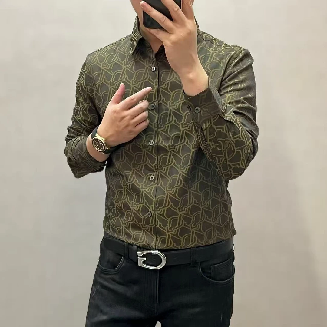 新款高端男士轻奢时尚菱格满花长袖衬衫62513