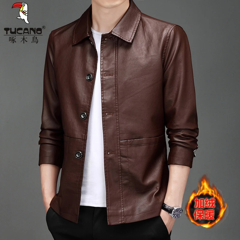啄木鸟男士时尚皮衣秋冬爸爸装加厚保暖外套中青年翻领软皮夹克潮