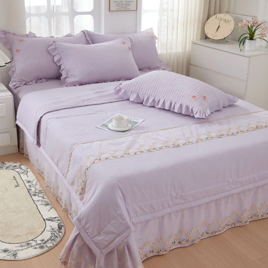 【床盖款夏被四件套】水洗泡泡纱柔软亲肤凉感蕾丝床群款