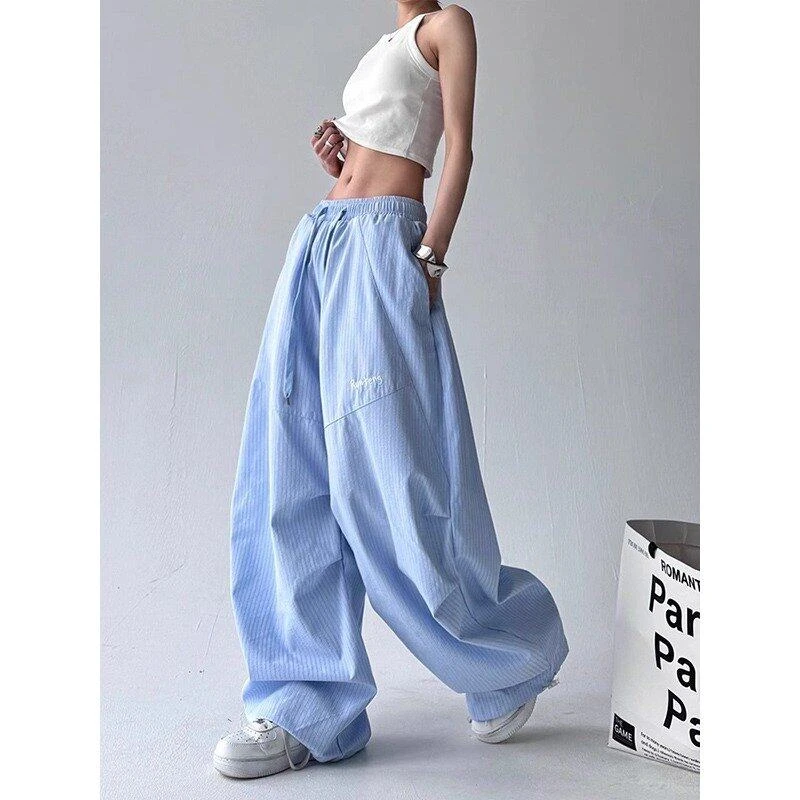 蓝色条纹爵士舞运动裤女男夏季新款宽松垂感工装裤直筒阔腿休闲裤