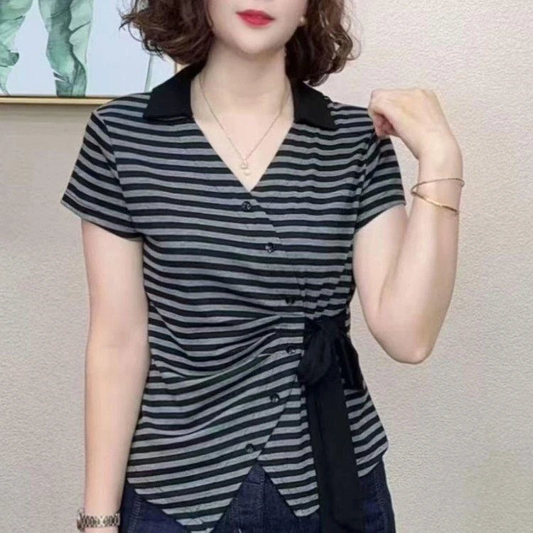 直播爆款2025夏季新款法式不规则翻领绑带收腰短袖T恤潮