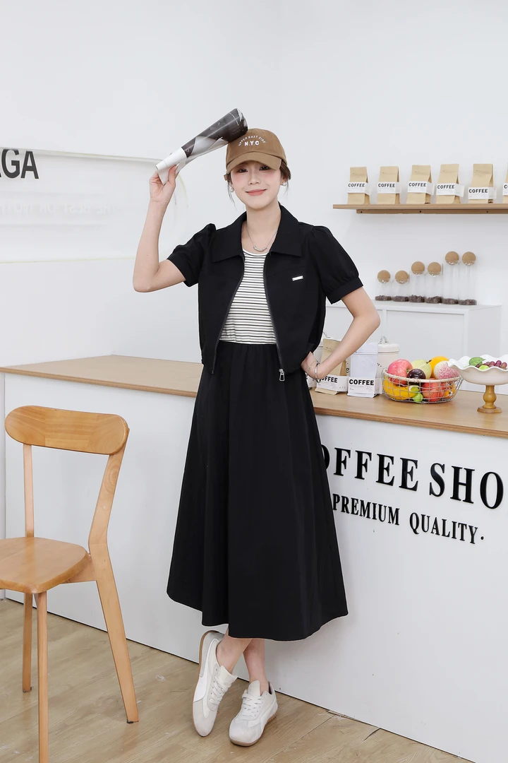 2025小个子春夏时尚减龄拼接半身裙工装显瘦休闲套装