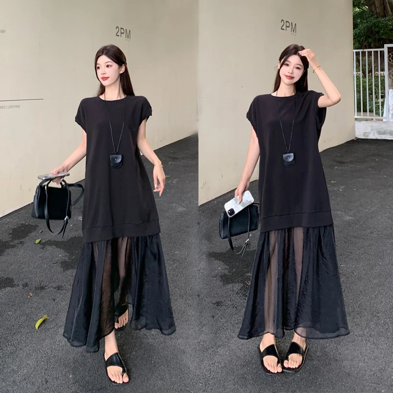 大码女装夏季慵懒网纱拼接短袖假两件连衣裙胖MM显瘦T恤长裙女