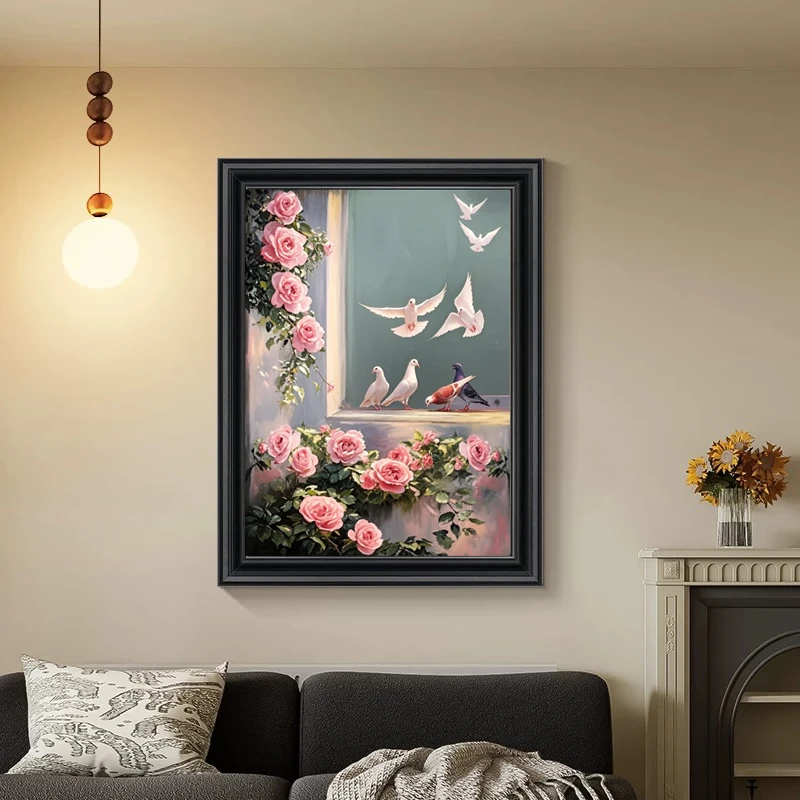 《和平鸽》中古风手绘油画沙发背景装饰画餐厅玄关抖柜挂画