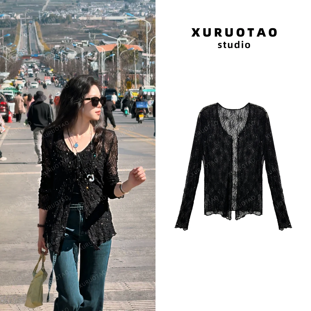 XURUOTAO 【法式内核】新款显瘦长袖黑色开衫上衣 T5027