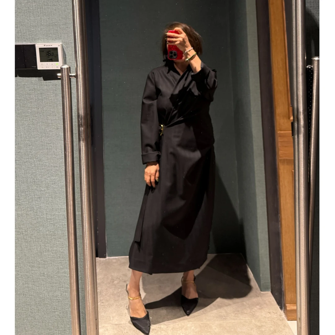 COCOLINDA | ‘名媛风’老钱绵羊毛侧边搭扣褶纹衬衫连衣裙Q3227