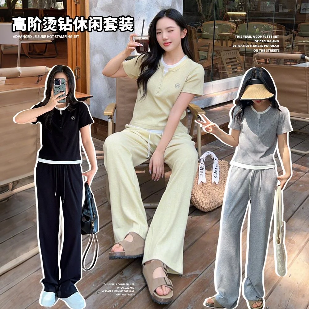 大码胖MM春夏新款烫钻假两件套装女休闲风气质时尚拼接半开衫套装