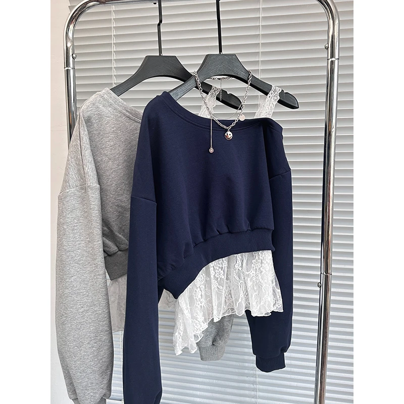 一眼惊艳感！巨漂亮！蕾丝拼接斜肩卫衣女秋款小众洋气独特别致上衣