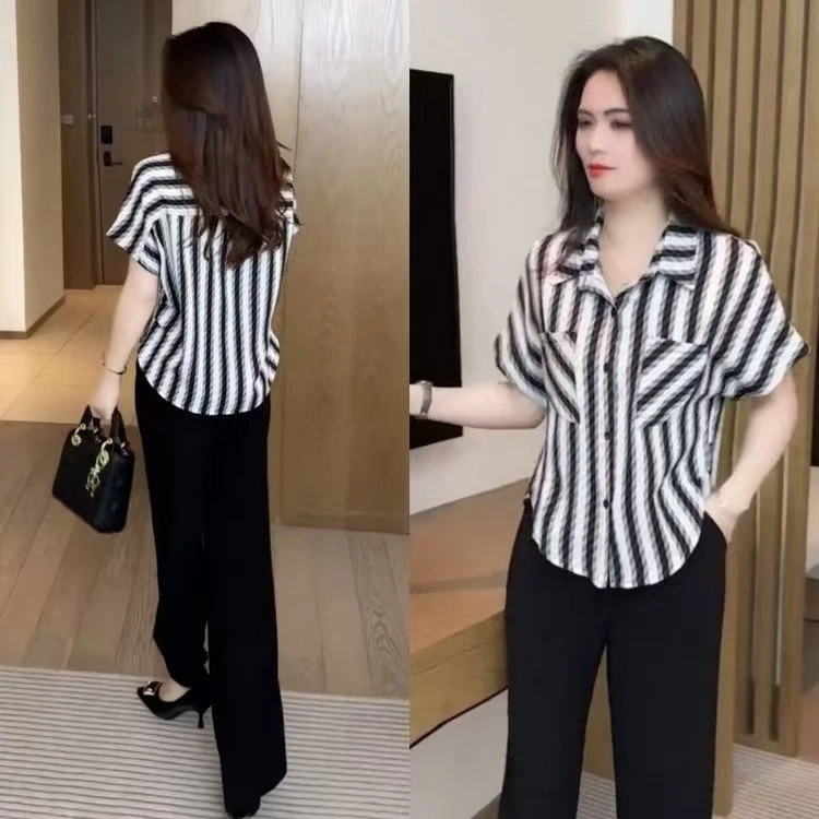 中年妈妈夏季条纹短袖T恤女时尚减龄洋气宽松短袖衬衫百搭上衣女