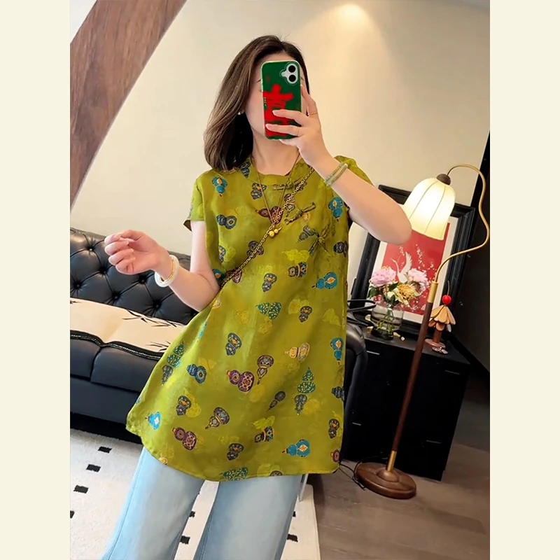 时尚绝美穿搭上衣小众不撞款新中式国风佛系禅意绿色印花盘扣衬衫