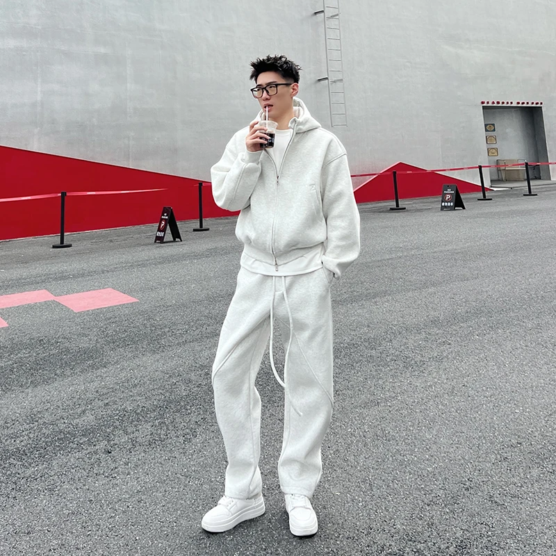 LUCHONG两件套重磅500g美式简约短款连帽开衫Boxy版男女运动卫衣