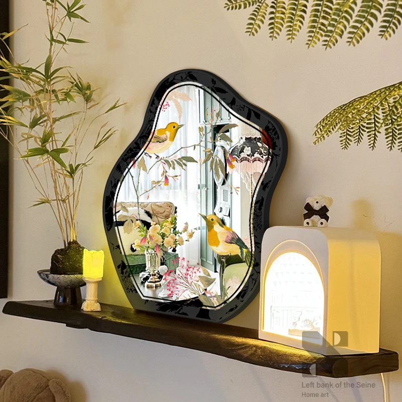 《喜上枝头》新中式镜子桌面摆件寓意好花鸟镜面装饰画卧室摆画