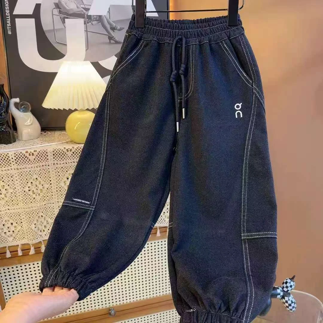 (加绒/不加绒)针织牛仔中大童童裤中腰松紧时尚秋季字母长裤