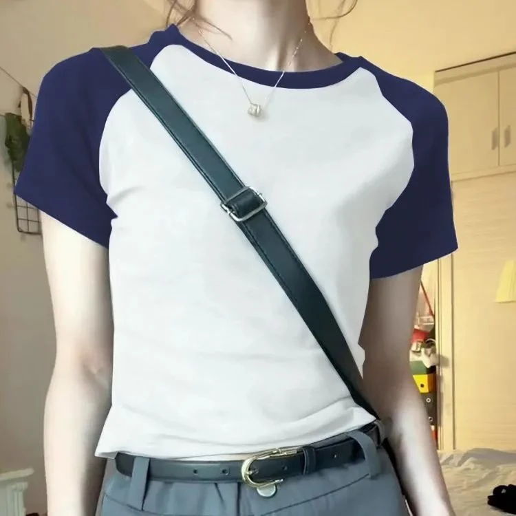 韩版洋气短袖新款T恤显瘦女装夏季撞色辣妹修身短款休闲上衣
