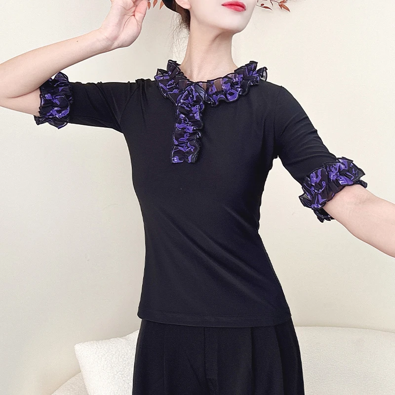 广场舞练功服高级感花边领短袖上衣现代舞拉丁舞服