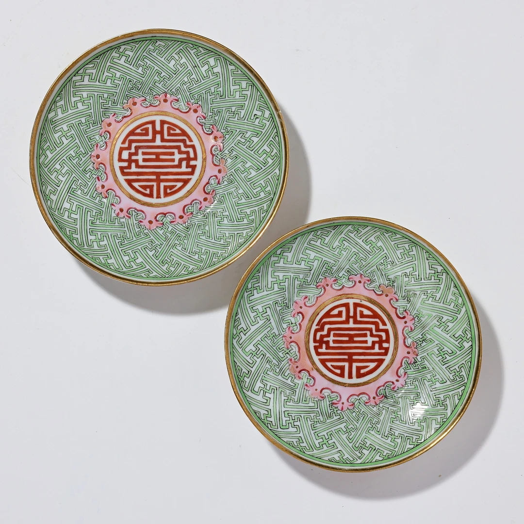 3623清道光·粉彩福寿纹盘一对【古董拍卖】