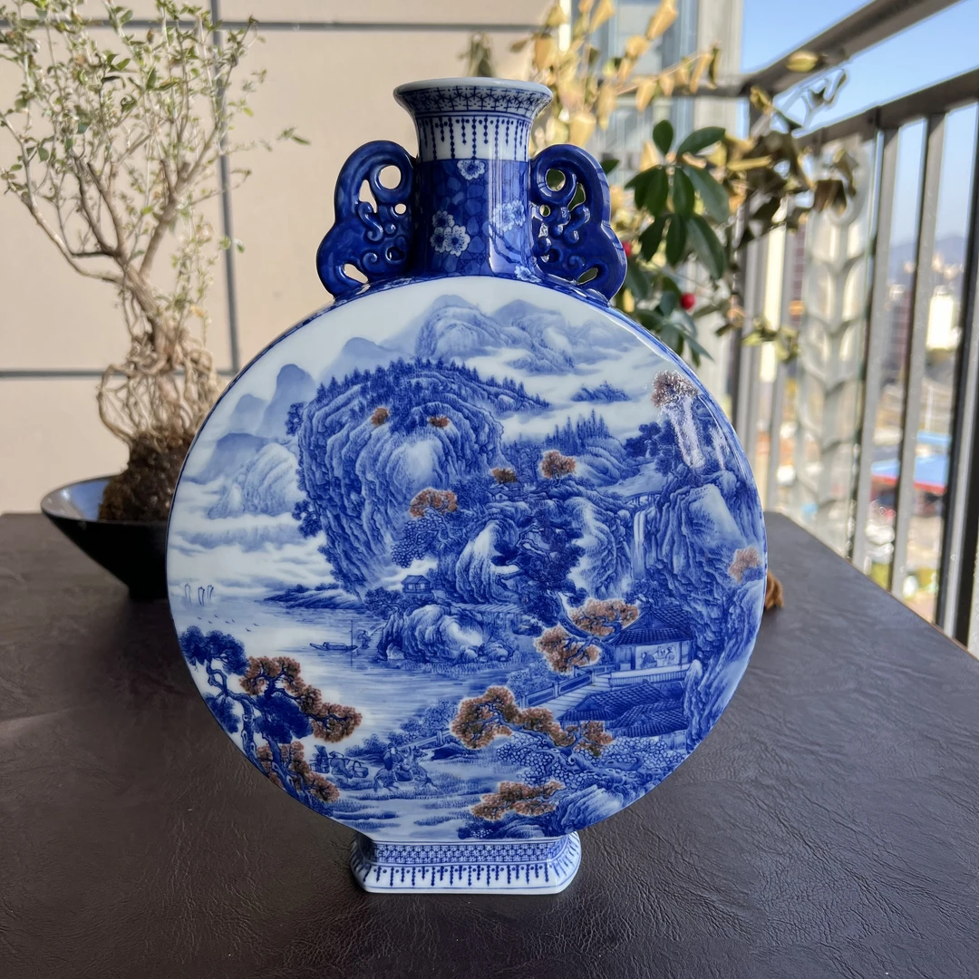 艺家仁青花釉里红山水抱月瓶中式复古品像画工发色都很难得陶瓷