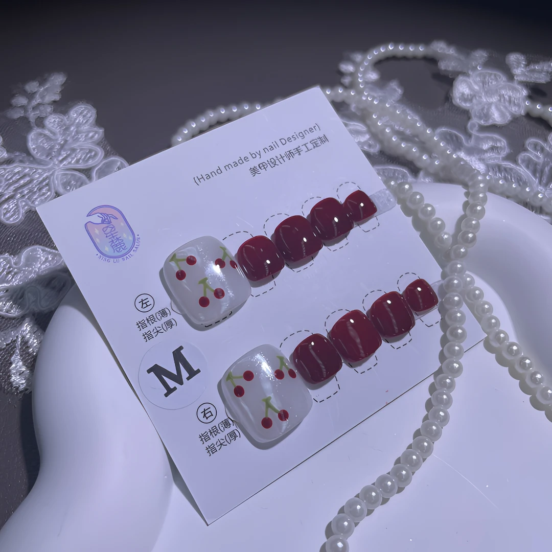 B0017『小樱桃』超薄经典手绘小樱桃月光粉纯手工制作脚趾甲穿戴甲