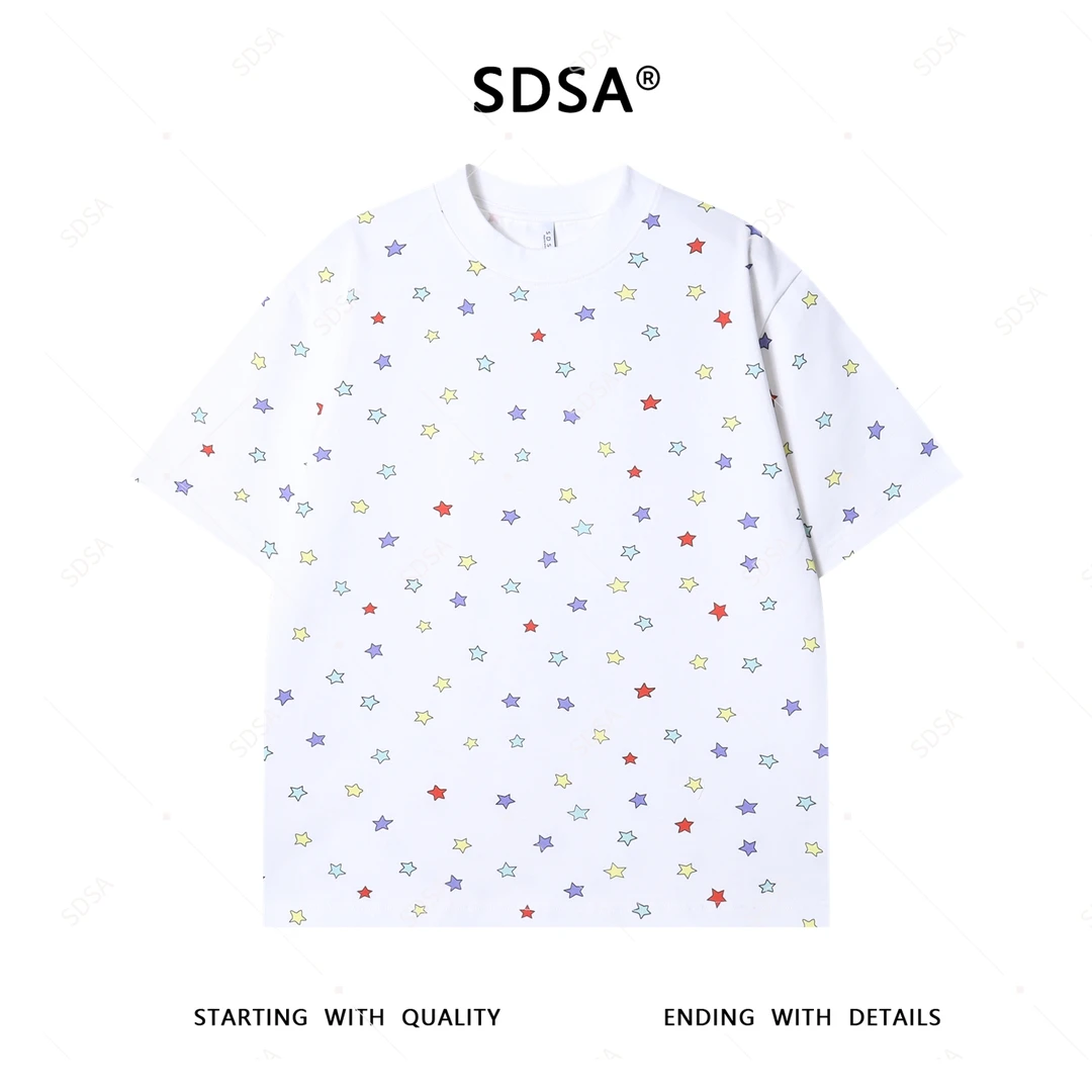 夏季高级感新款男士休闲满印彩色星星设计短袖T恤简约圆领上衣潮