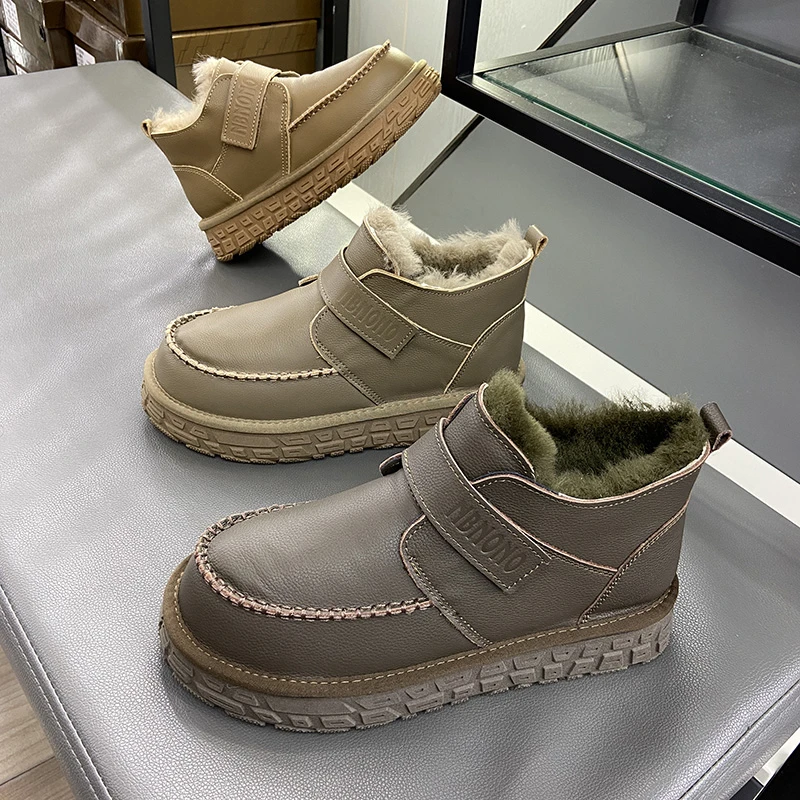 【米格格女鞋】冬季2025荔枝纹头层牛皮全羊毛一体丑萌面包鞋魔术贴