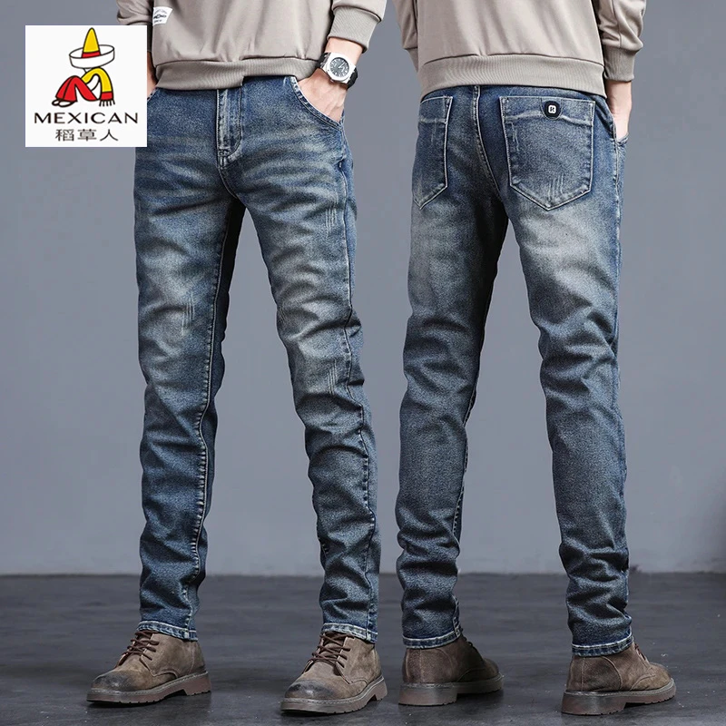稻草人复古牛仔裤男士潮牌修身直筒裤春秋款弹力小脚休闲长裤子男