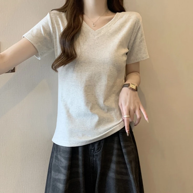 简约风夏装正肩显瘦短袖t恤女棉纯色修身女生v领上衣打底衫白色