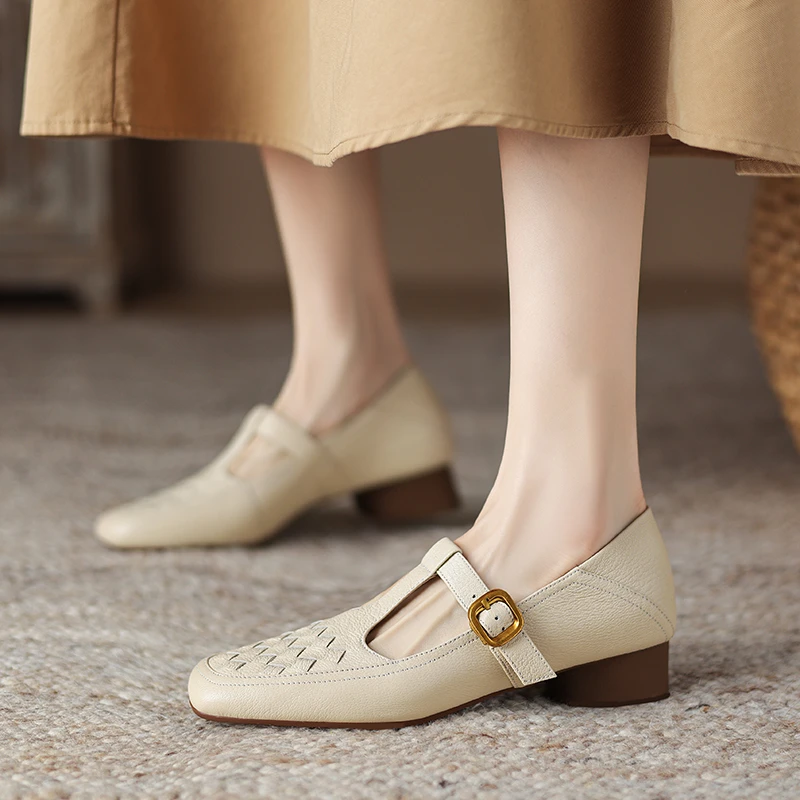 真皮断码清仓编织米白色玛丽珍单鞋女粗跟软底浅口透气软底皮鞋
