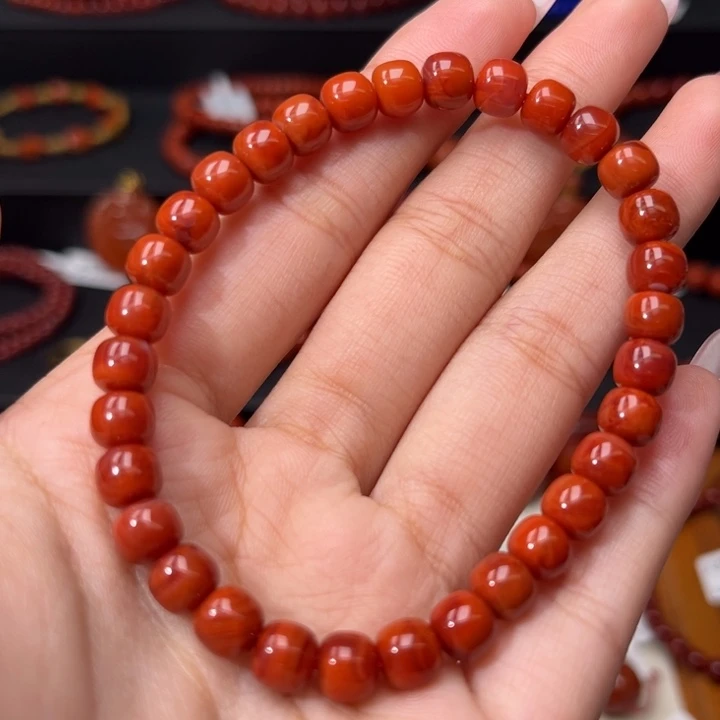南红玛瑙未镶嵌手链柿子红玫红双色6.5mm老型手串