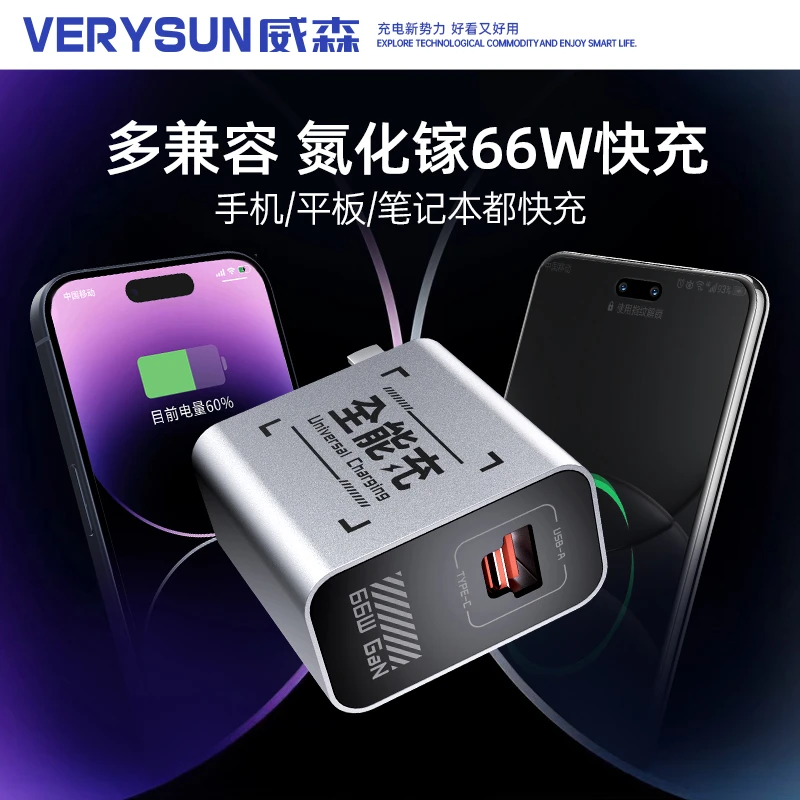 【支持全兼容】威森66W氮化镓充电器低温快充适用于苹果安卓VERYSUN