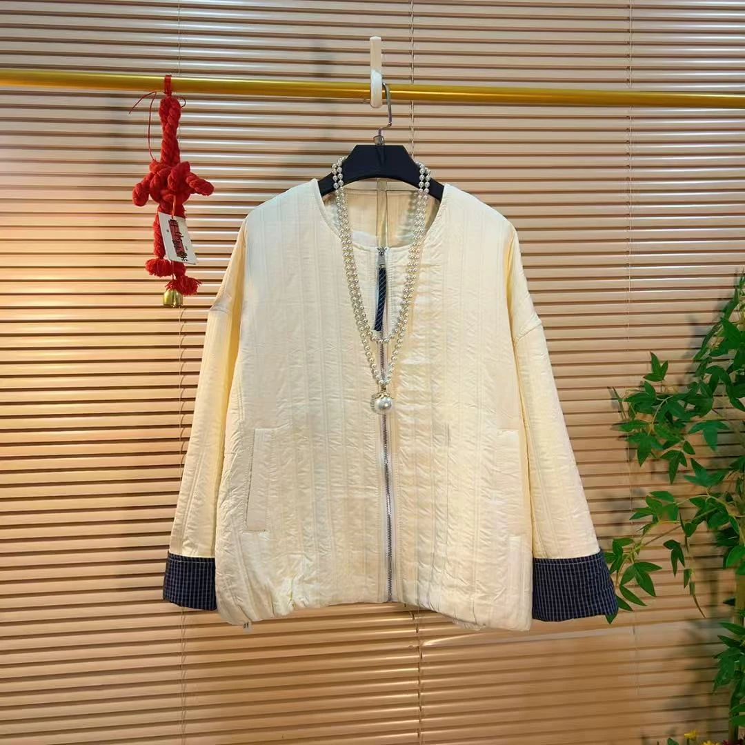 简约洋气拼接格子袖口棉服胖YY2025冬季新款休闲百搭通勤加棉外套