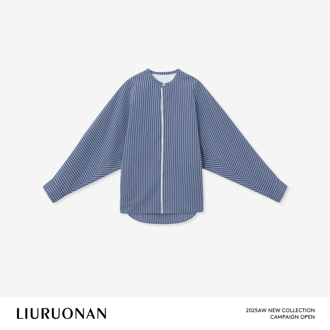 LIURUONAN 25FL【靛蓝条纹衬衫】复古圆领条纹衬衫秋冬通勤休闲衬衣