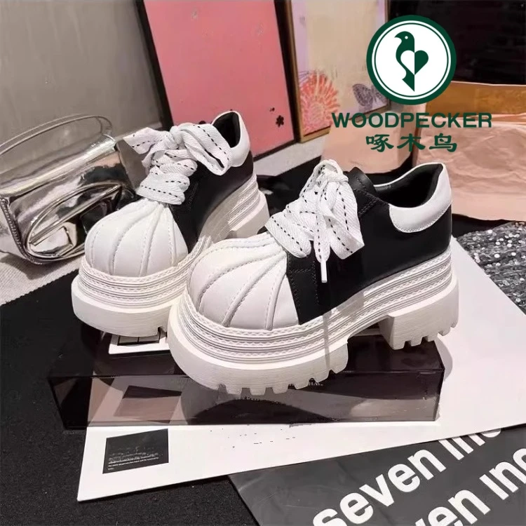 啄木鸟欧货贝壳头系带乐福鞋女2025新款小个子拼色大头芒果头皮鞋