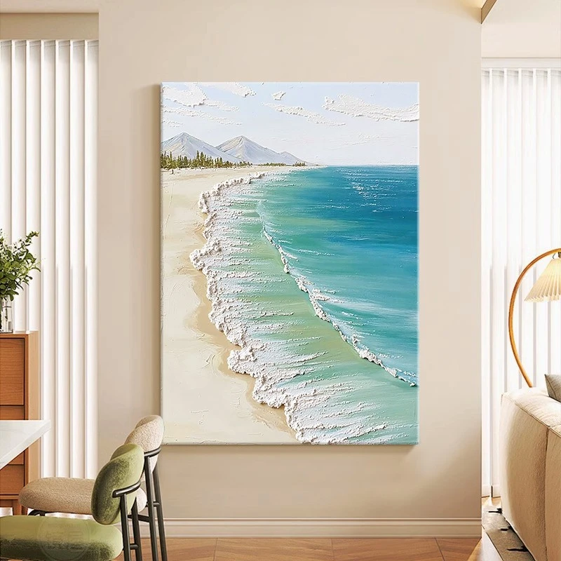 大海风景玄关挂画海浪沙滩肌理手绘油画客厅大幅石英砂立体装饰画