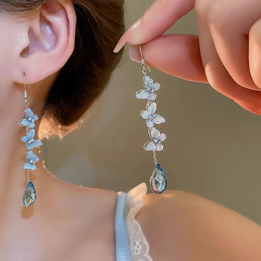 超仙蓝色蝴蝶水滴吊坠耳环女小众设计小清新时尚百搭长款流苏耳饰