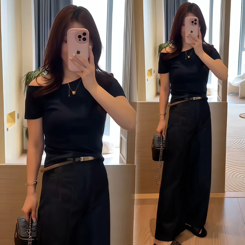 高含棉时尚韩版斜肩领短袖t恤女2025夏季新款小个子修身显瘦上衣