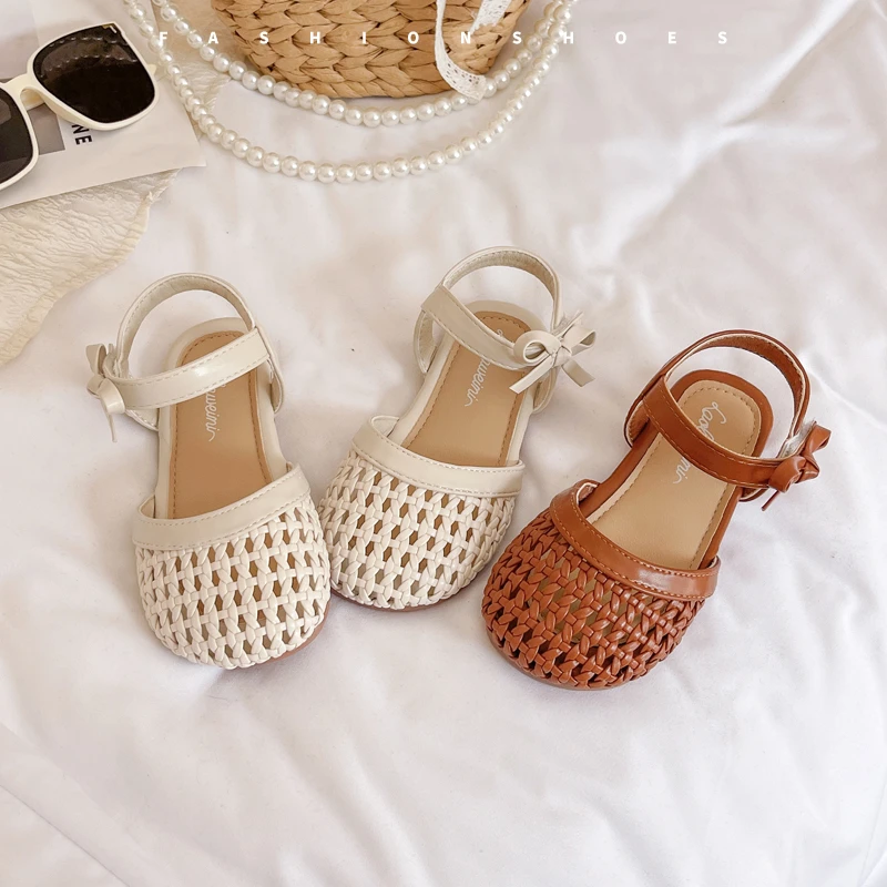 女童镂空包头编织凉鞋2024年夏季新款小童宝宝公主鞋韩版百搭鞋子