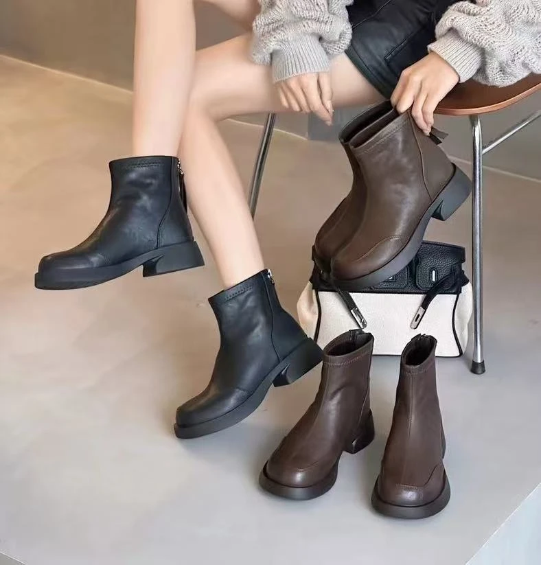 秋冬新款韩版通勤瘦瘦简约粗跟裸靴短靴LN20或96827(加绒)